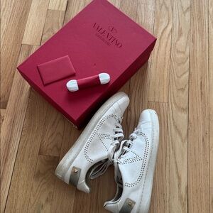 Valentino Garavani “Backnet” Leather Perforated Sneakers – Gold & White, Size 39